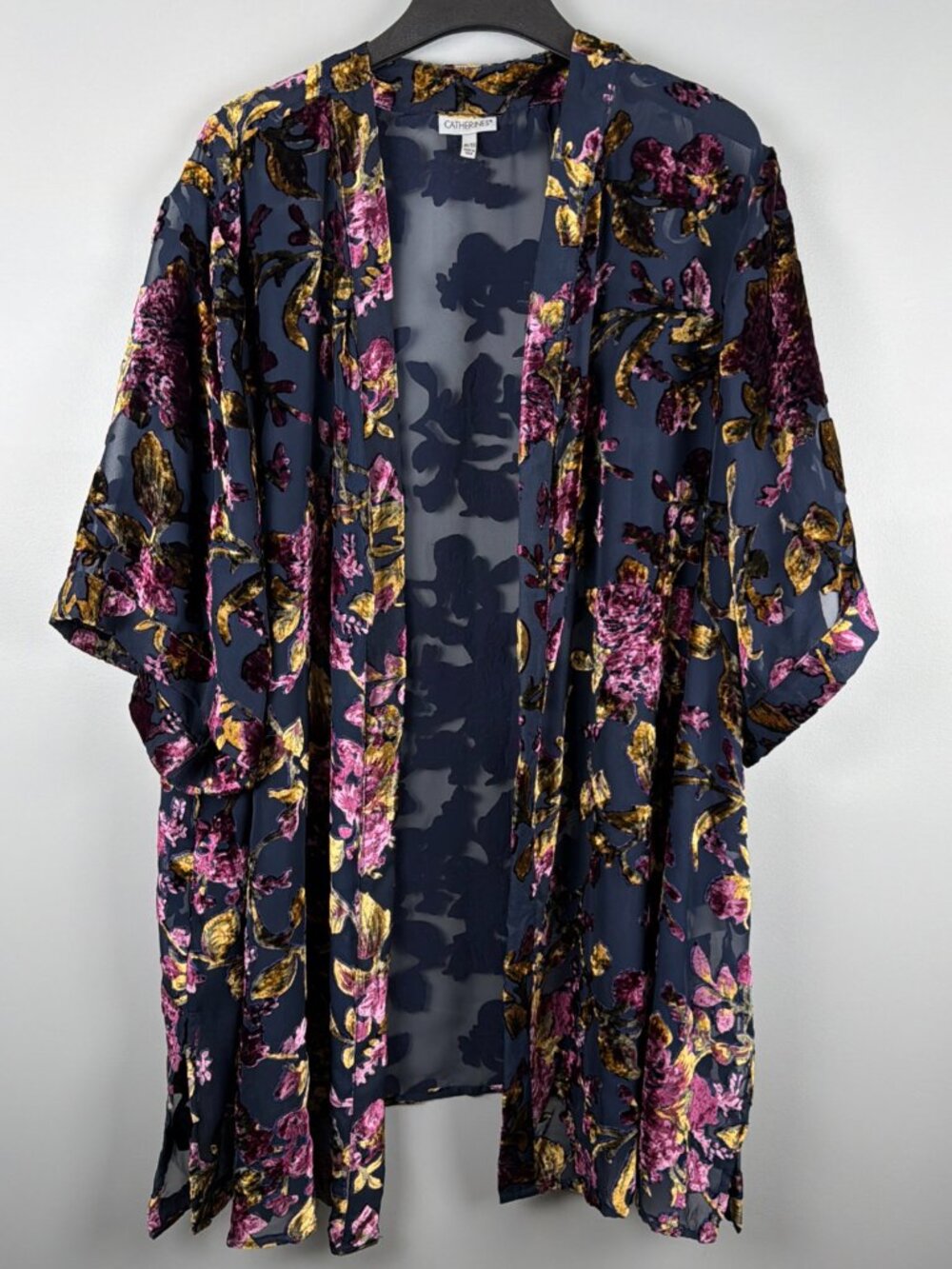 Catherines Kimono Womens 4X/5X Navy Floral Velvet Burnout Coverup Wedding Travel